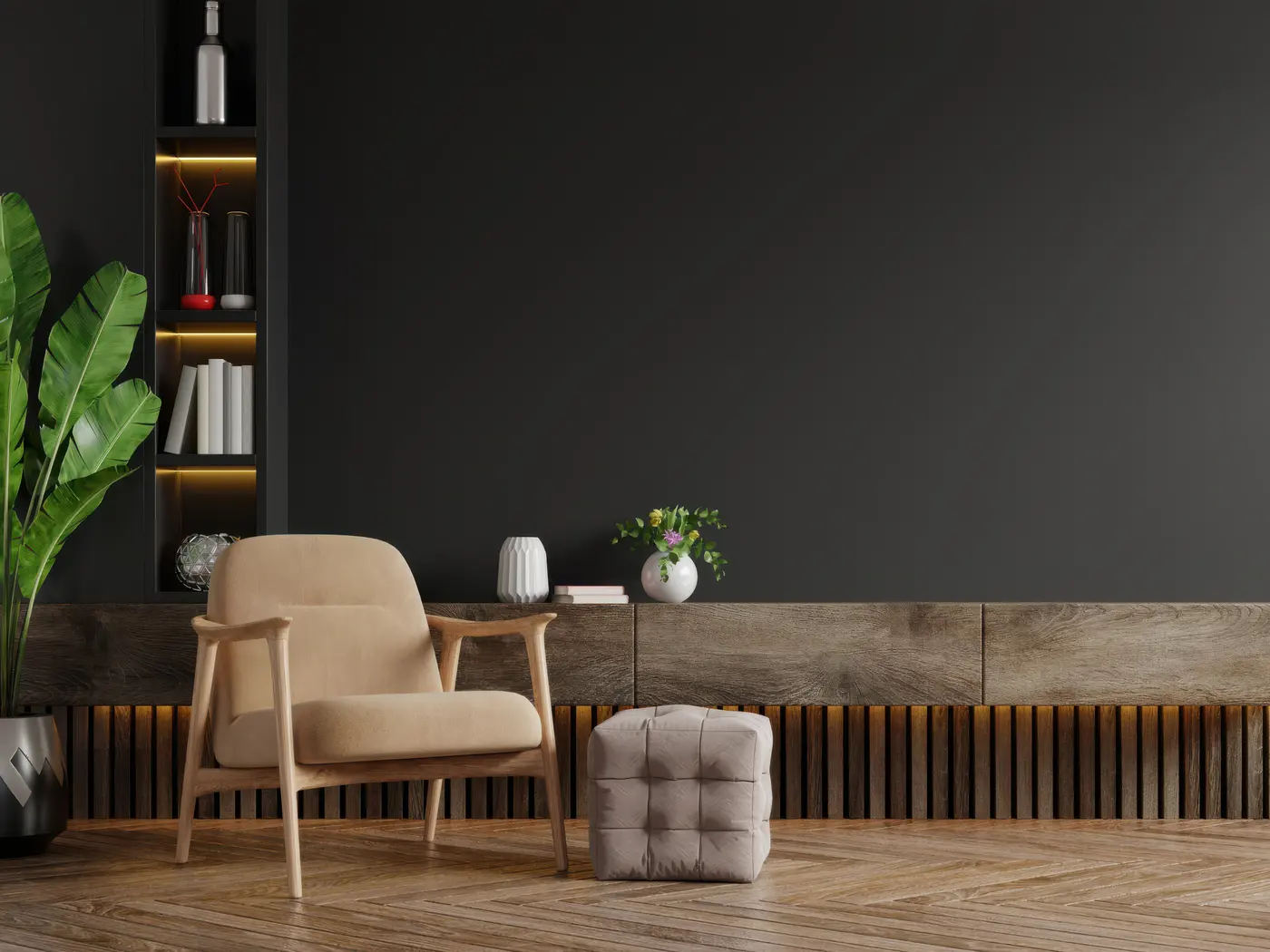 Lounge with low storage cabinetry